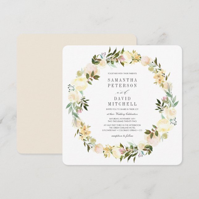 Invitación Crema y marfil | Boda Floral de Garland Botánico (Anverso / Reverso)