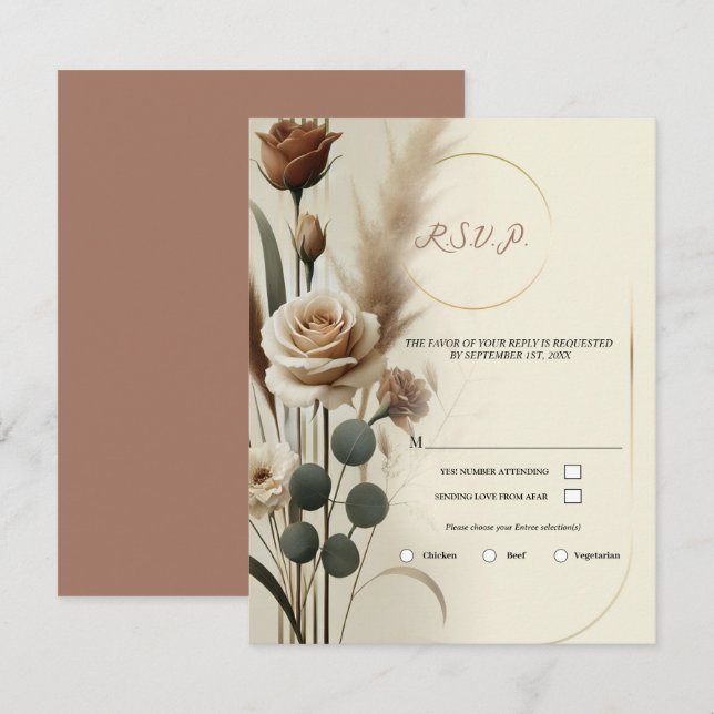 Invitación Crema y Mocha Floral Geométrico RSVP de Boda (Anverso / Reverso)