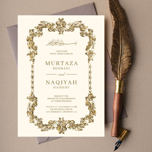 Invitación Crema y oro Boda musulmán de marco dorado antiguo (Subido por el creador)