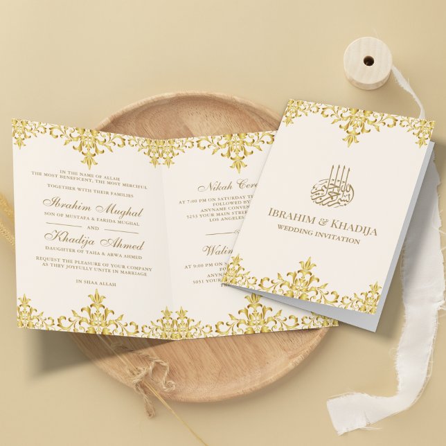 Invitación Crema y Relieve metalizado dorado Damasco Boda isl (Subido por el creador)