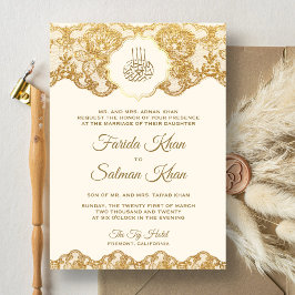 Invitación Crema y Relieve metalizado dorado Lace Boda musulm