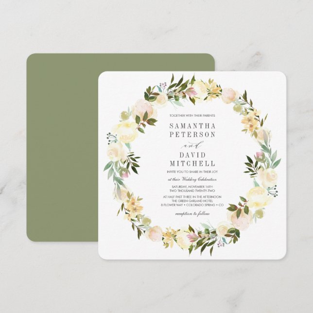 Invitación Crema y salvia | Boda Floral de Garland Botánico (Anverso / Reverso)