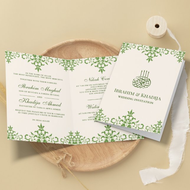Invitación Crema y verde Damasco Boda musulmana islámica (Subido por el creador)