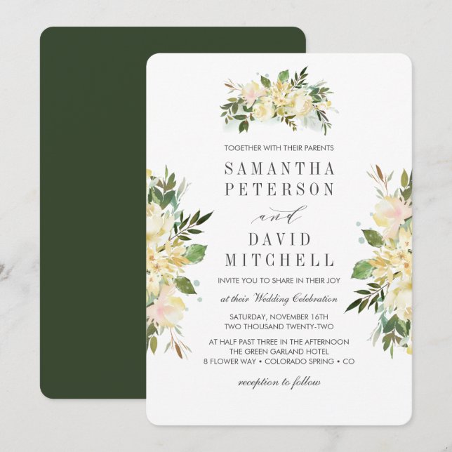 Invitación Crema y verde forestal | Boda Botánico Floral (Anverso / Reverso)