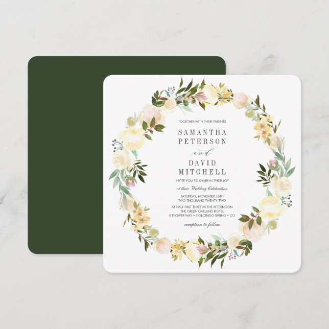 Invitación Crema y verde forestal | Boda Floral de Garland (Anverso / Reverso)