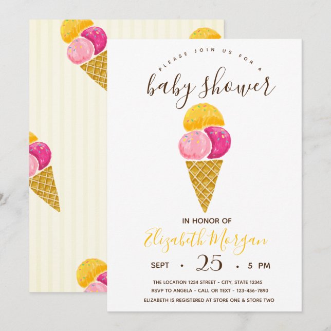 Invitación Cremas de hielo acuarela, Baby Shower de rayas (Anverso / Reverso)