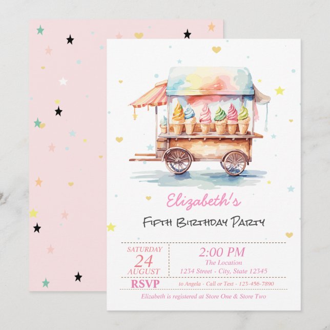 Invitación Cremas mágicas de hielo estrellas cumpleaños rosad (Anverso / Reverso)
