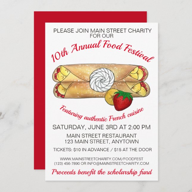 Invitación Crêpe Pancake Francia Festival Francés de Comida C (Anverso / Reverso)