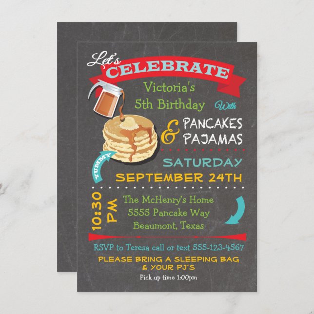 Invitación Crepes de pizarra y fiesta de cumpleaños de pijama (Anverso / Reverso)