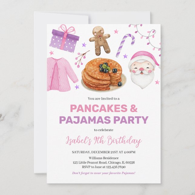Invitación Crepes morados rosados y pajamas cumpleaños (Anverso)