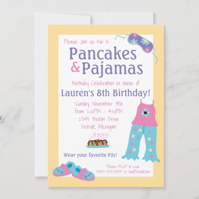 Invitación Crepes y fiesta de cumpleaños de pijamas (Anverso)