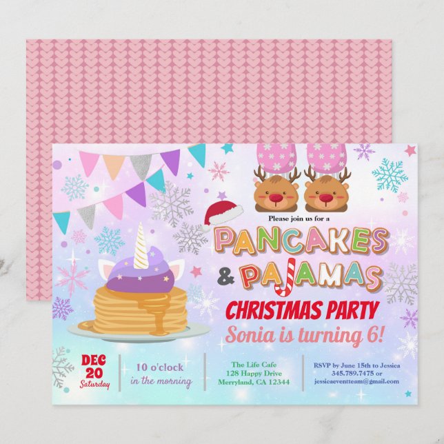 Invitación Crepes y Navidades de pijamas unicornio (Anverso / Reverso)