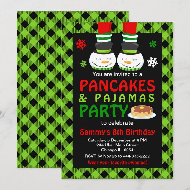 Invitación Crepes y pijamas Cumpleaños de Snowman Green Plaid (Anverso / Reverso)
