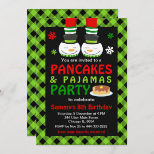Invitación Crepes y pijamas Cumpleaños de Snowman Green Plaid