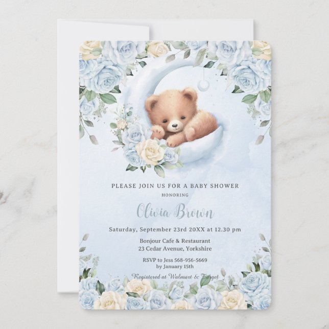 Invitación Crescent Bear Crescent Moon Blue Floral Baby Showe (Anverso)