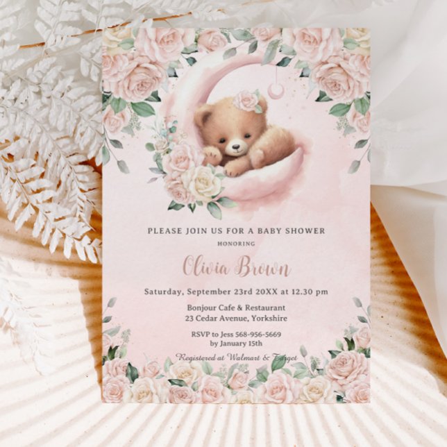 Invitación Crescent Bear Crescent Moon Rubor Floral Baby Show (Subido por el creador)