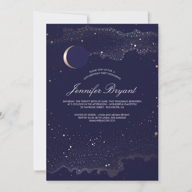 Invitación Crescent Moon and Night Stars Birday Party (Anverso)