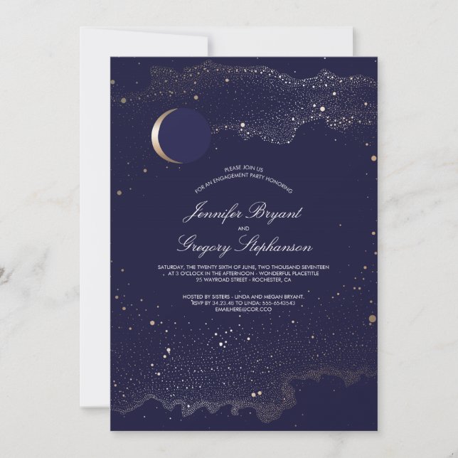 Invitación Crescent Moon and Night Stars Engagement Party (Anverso)