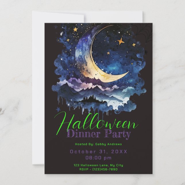 Invitación Crescent Moon Blue Clouds Halloween Cena Fiesta (Anverso)