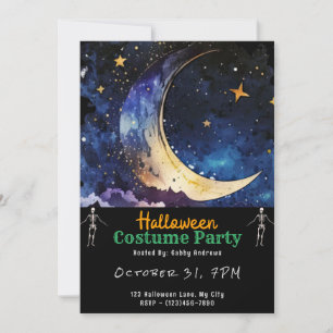 Invitación Crescent Moon Blue Sky y Stars Black Halloween