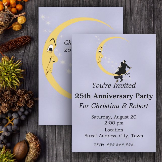 Invitación Crescent Moon Face Stars Couple Aniversario 25 (Angry cute crescent moon loving couple on blue Anniversary party invitation.)