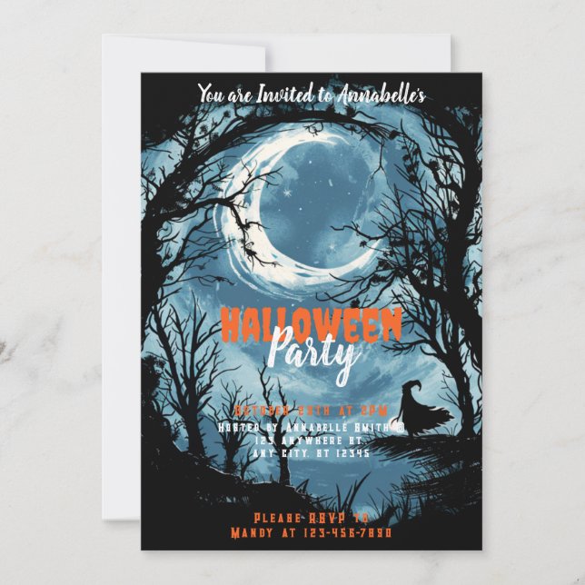 Invitación Crescent Moon Sky Witch Stars Halloween Party (Anverso)