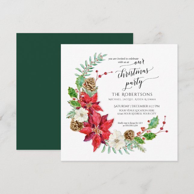 Invitación Crescent Wreath, Fiesta de Navidades de invierno | (Anverso / Reverso)