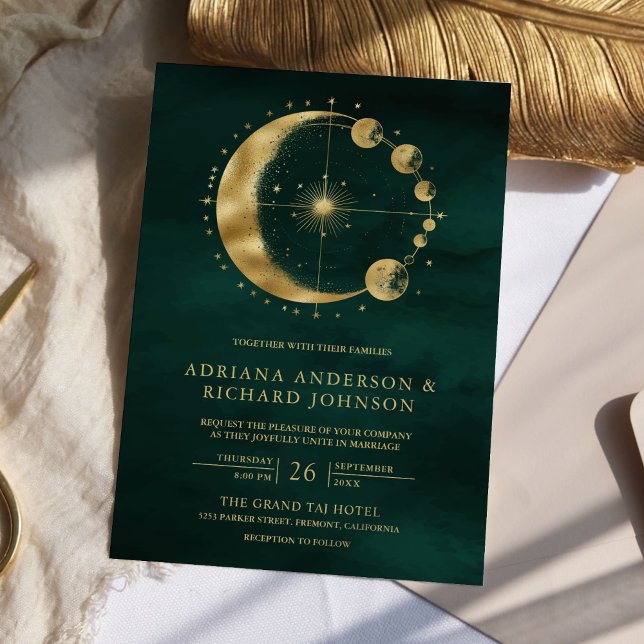 Invitación Crescente de Luna Fase de Boda de Oro Esmeralda Ce (Subido por el creador)