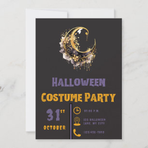 Invitación Crescente Lunar Moderno Negro y Dorado Halloween M