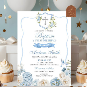 Invitación Crest Azul y Bautizo Floral y Primer Cumpleaños
