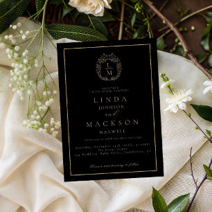 Invitación Crest botánico monograma negro y dorado para boda