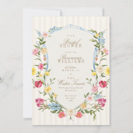 Invitación Crest crema floral francés rosa azul para fiesta d