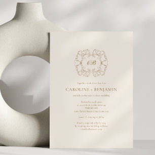 Invitación Crest de Boda en Dorado Antiguo Monograma Formal C