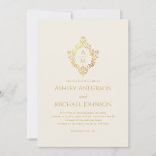 Invitación Crest de Boda Monograma Marfil Dorado Elegante Vin