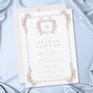 Invitación Crest de Bodas Champán Flor Silvestre Pastel Azul