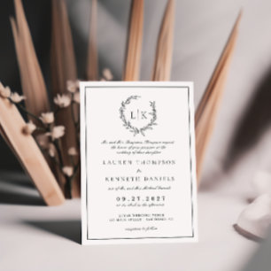 Invitación Crest de hoja de monograma formal boda en blanco y