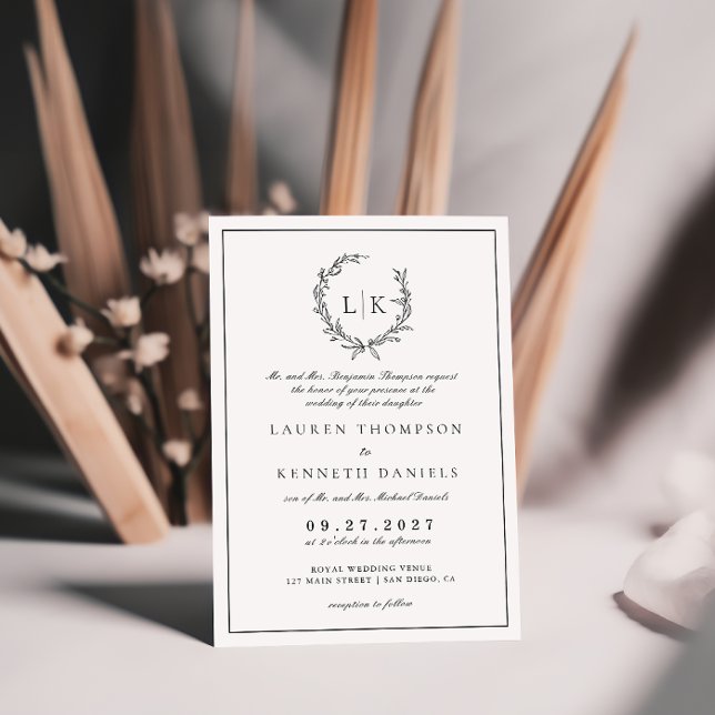Invitación Crest de hoja de monograma formal boda en blanco y (Subido por el creador)