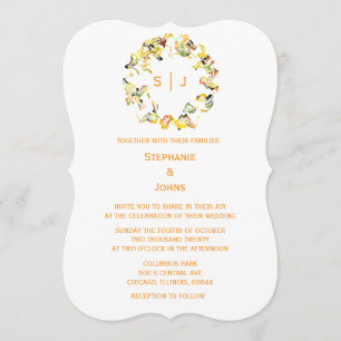 Invitación Crest de Hoja de Monograma Naranja Dorado Blanco C