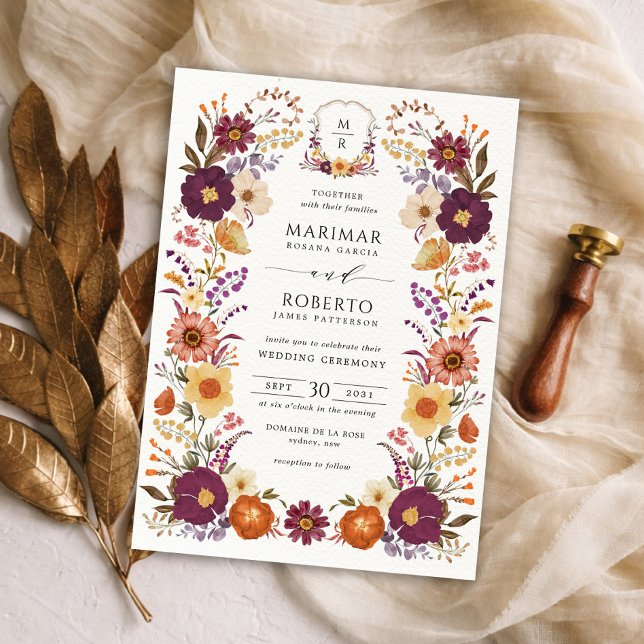 Invitación Crest de monograma de boda con flores pintadas a m (Subido por el creador)