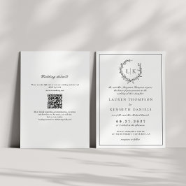 Invitación Crest de Monograma de Hoja Negro Blanco Código QR