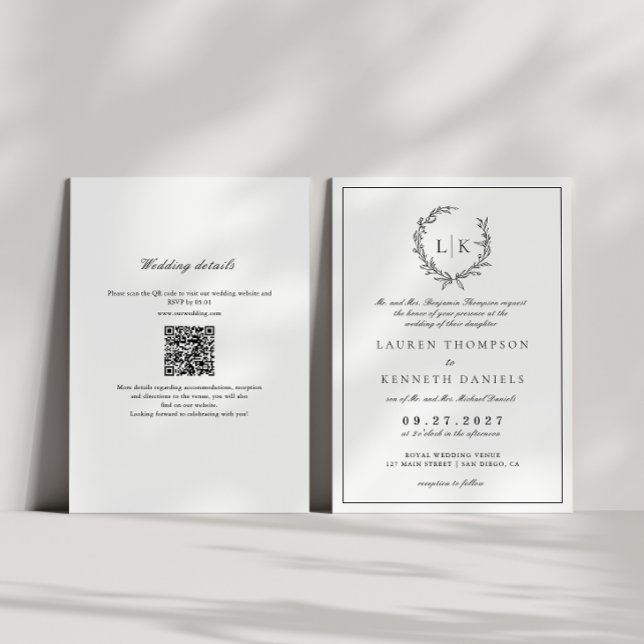 Invitación Crest de Monograma de Hoja Negro Blanco Código QR  (Subido por el creador)
