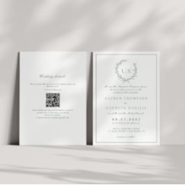 Invitación Crest de monograma de hoja verde sage código QR bo