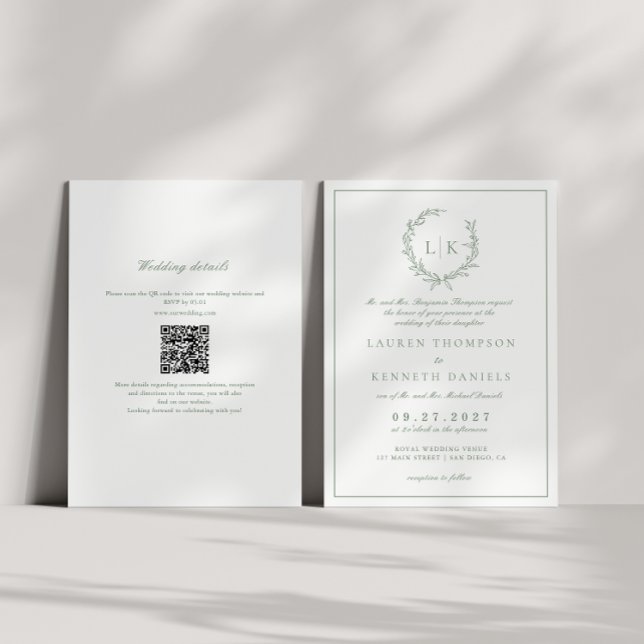 Invitación Crest de monograma de hoja verde sage código QR bo (Subido por el creador)