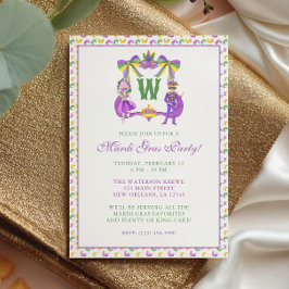Invitación Crest de monograma de Mardi Gras con acuarela para