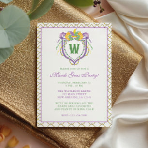 Invitación Crest de monograma de Mardi Gras en acuarela para