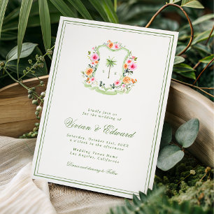 Invitación Crest de Palma Monograma Boda Tropical Playa