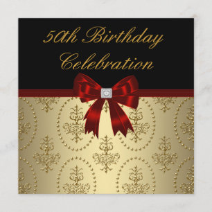 Invitación Crest dorado lazo rojo Cumpleaños elegante de 50 a