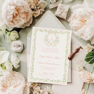 Invitación Crest dulce con lazo rosa sonrojado   Boda de mono