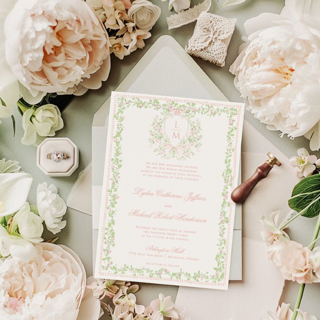 Invitación Crest dulce con lazo rosa sonrojado | Boda de mono (Envelope shown is not the envelope style included, which has a square flap.)
