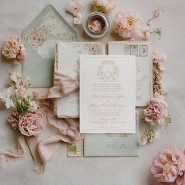 Invitación Crest Elegante con Lazo Rosa | Boda de Monograma